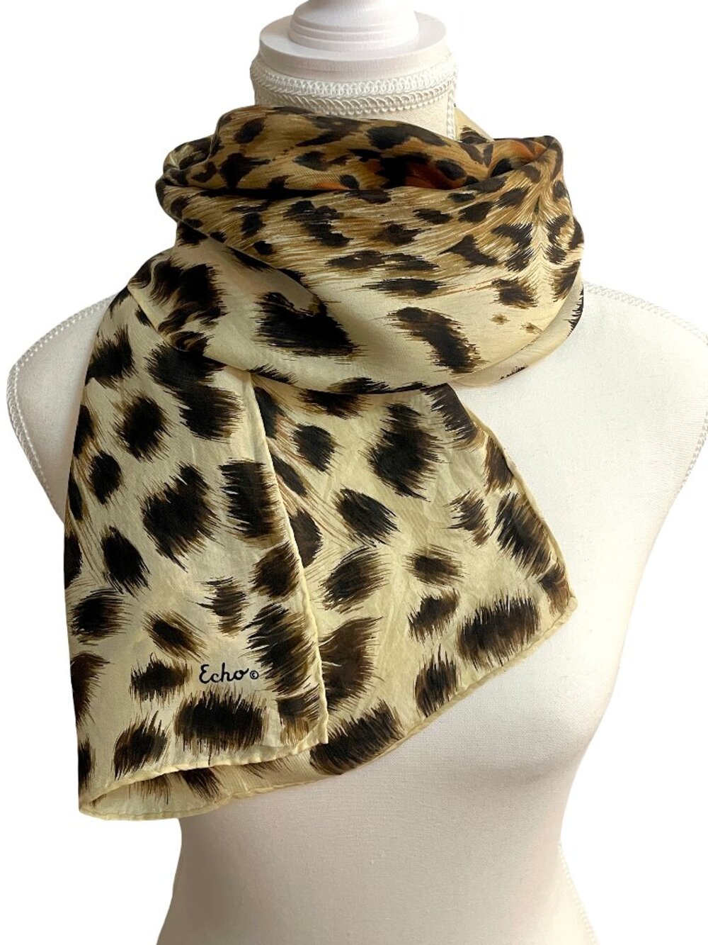 Echo Leopard Print Oblong Scarf Animal Print Neutral Tones Hand Rolled Edges